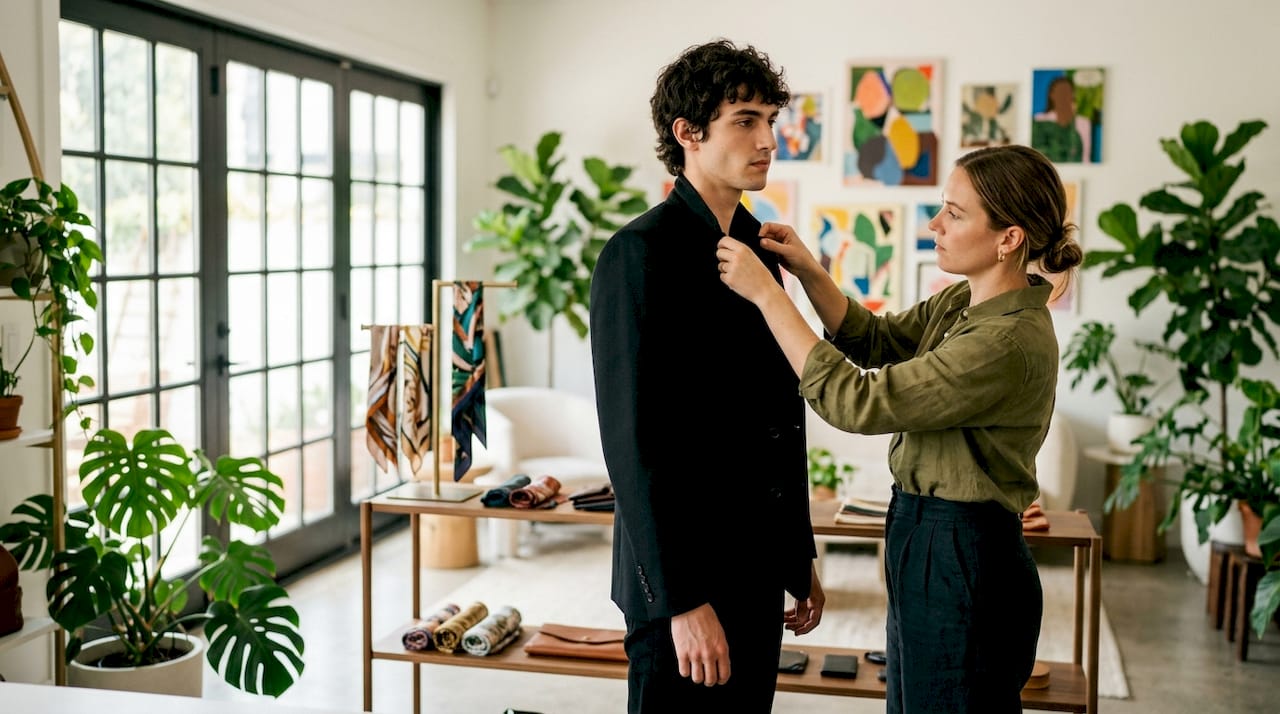 Stylist adjusting blazer on male model