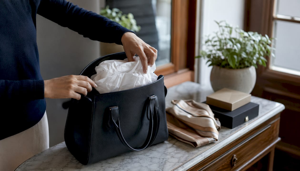 Hands stuffing luxury handbag with tissue paper