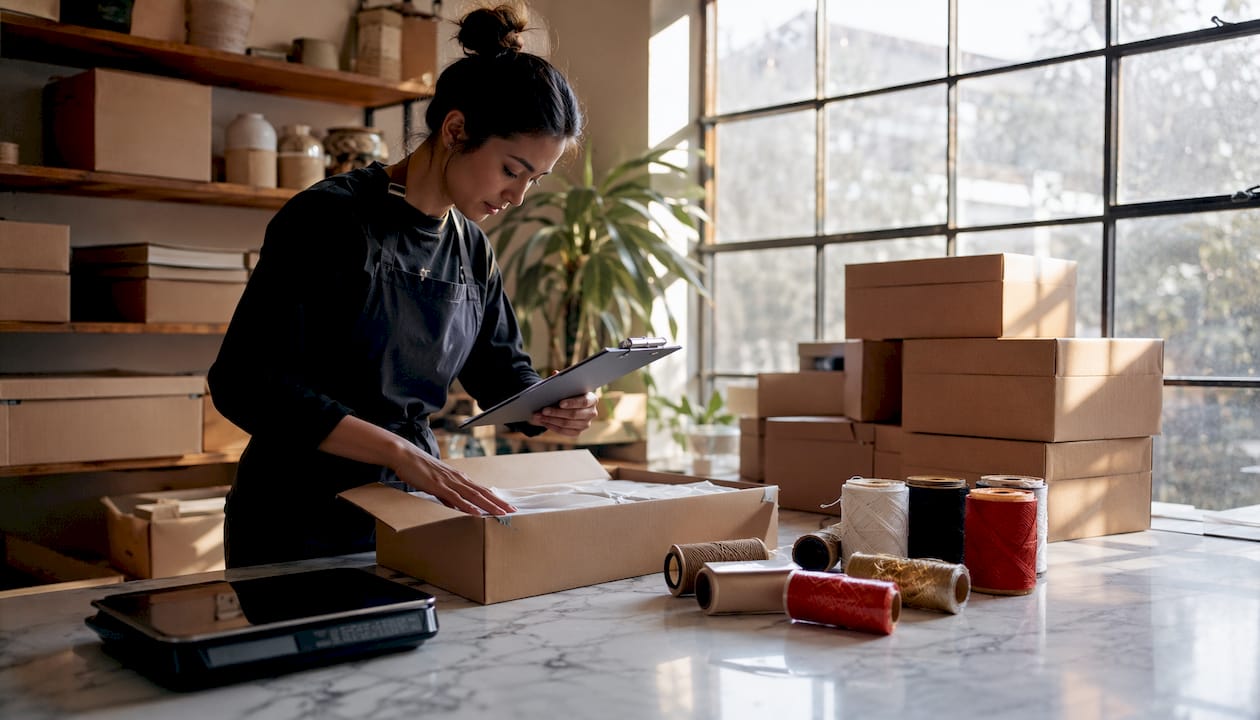 Packaging specialist preparing fashion shipment in warehouse