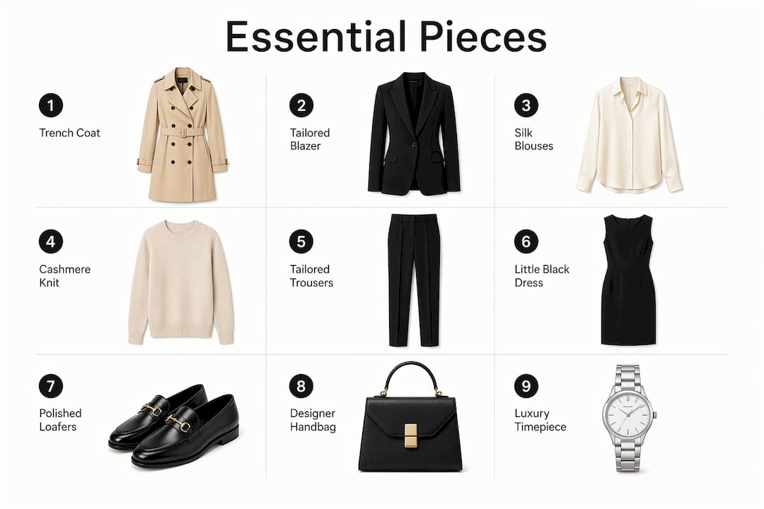 Infographic outlining essential luxury wardrobe pieces