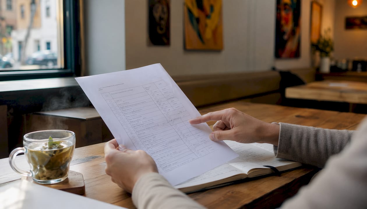 Hands reviewing authenticity checklist on desk