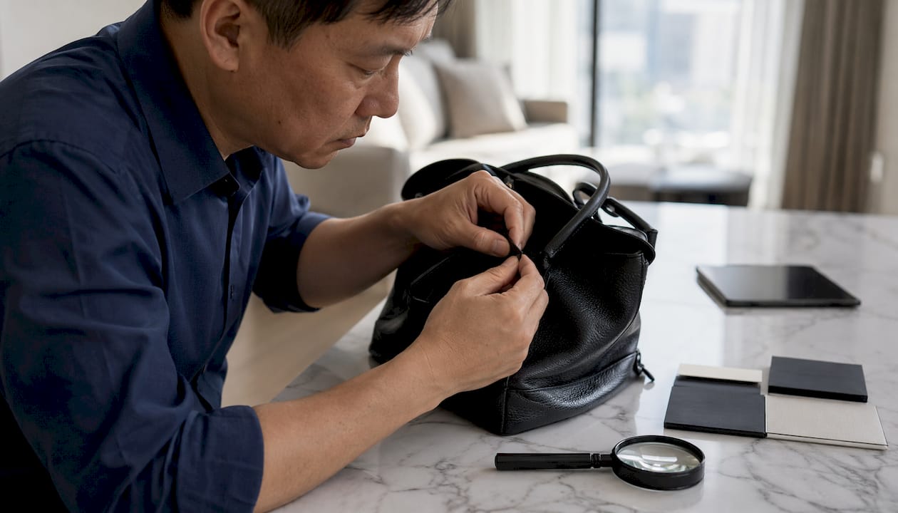 Man inspecting serial number on luxury handbag