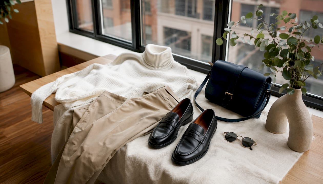 Classic casual outfit with luxury items flat lay