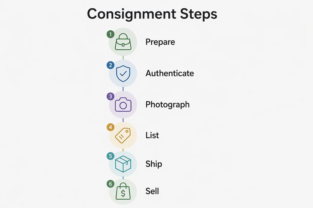 Infographic outlining six steps of bag consignment process