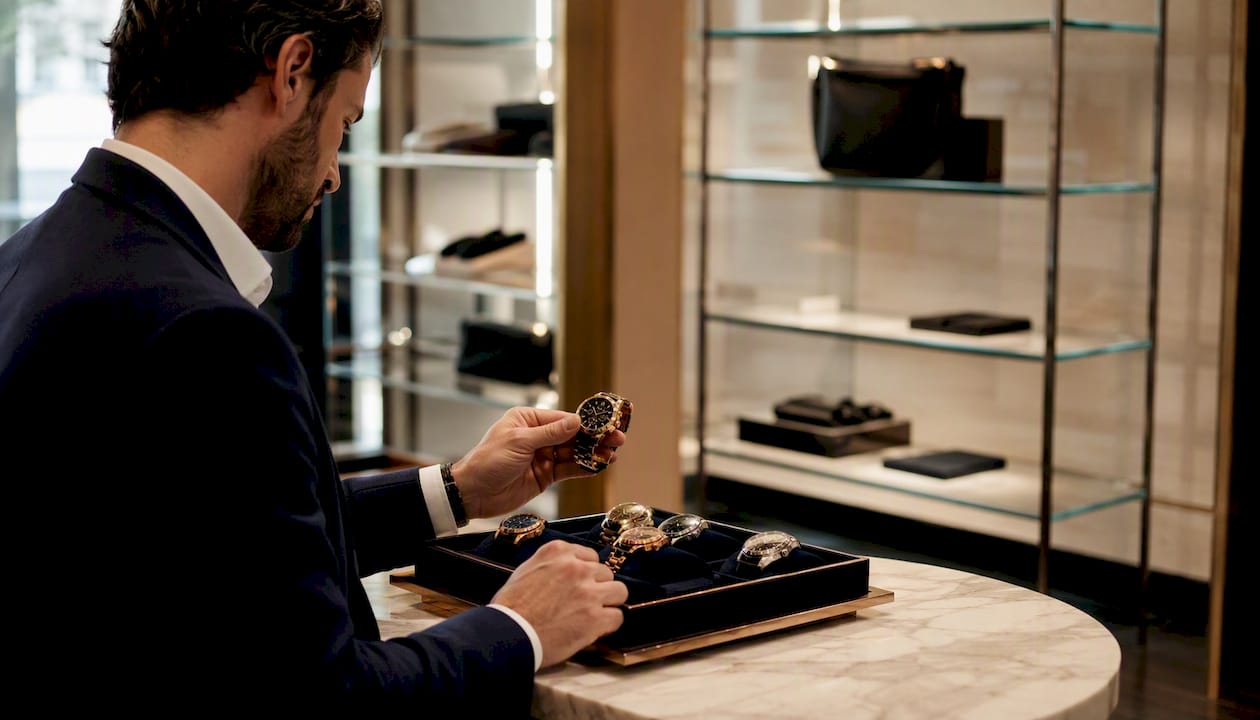 Hands selecting statement luxury watch on desk