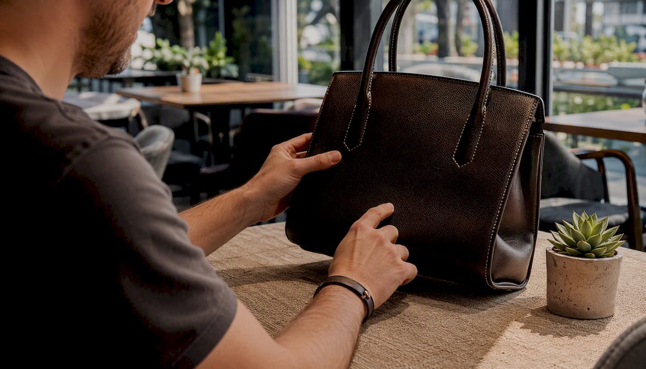Close-up of hands inspecting designer handbag details
