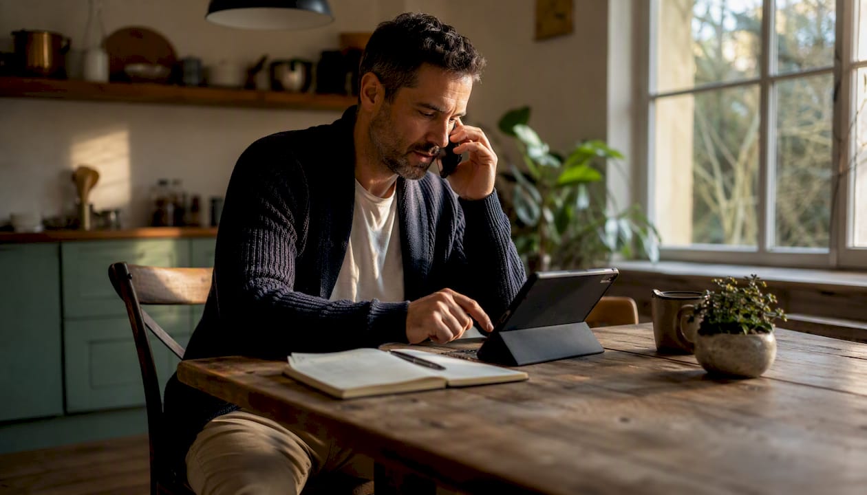 Man contacting personal shopping via phone and tablet