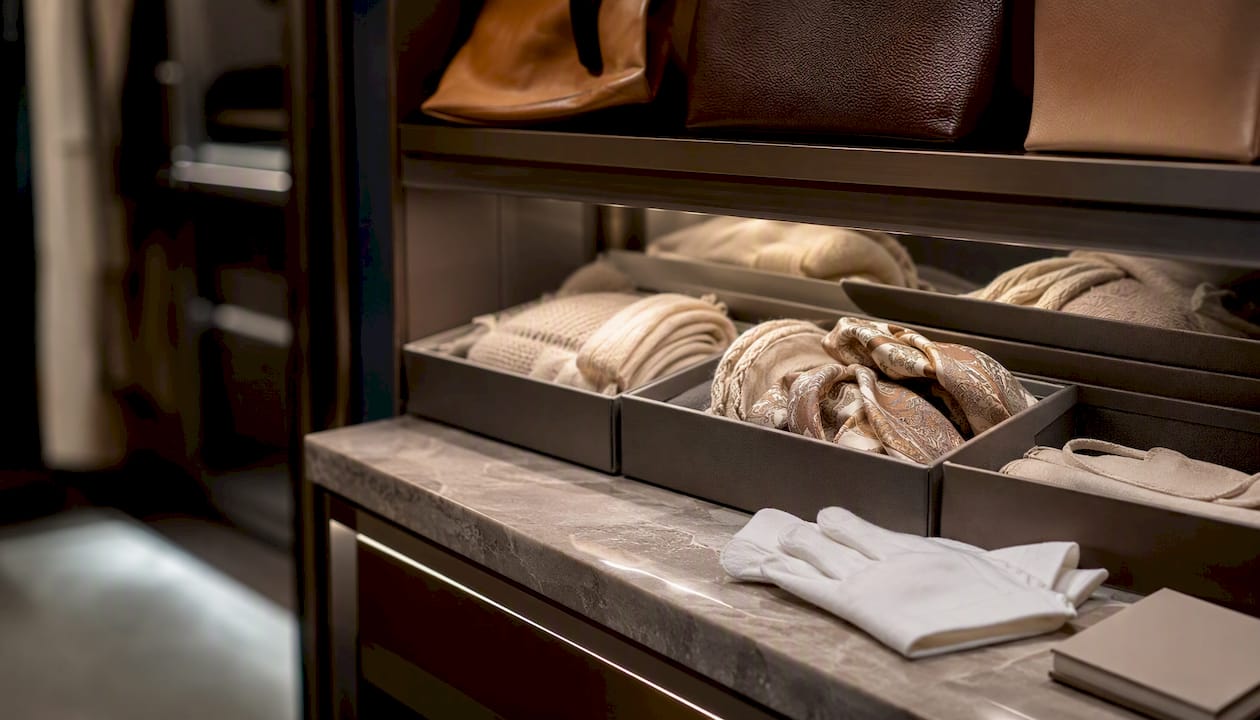 Overhead view of luxury wardrobe storage system