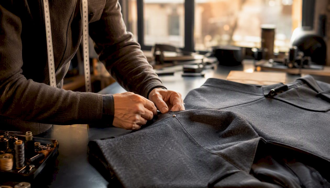 Hands checking luxury coat fit details