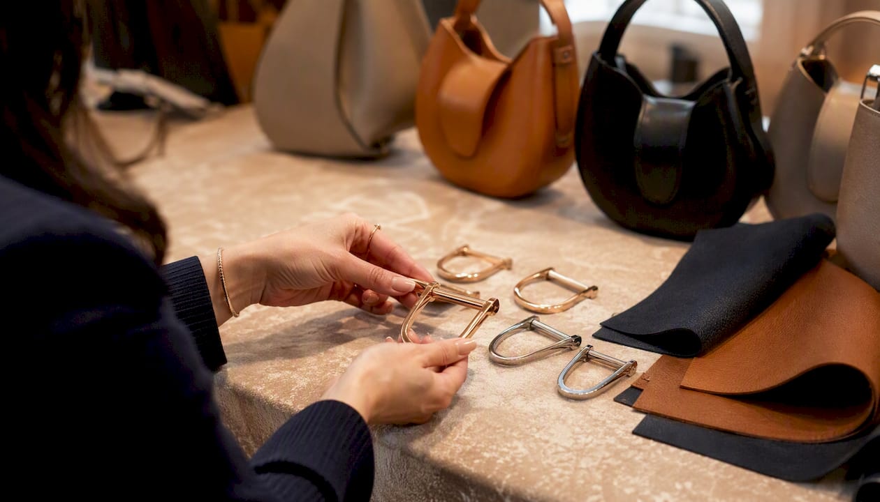 Hands choosing handbag hardware and leather swatches
