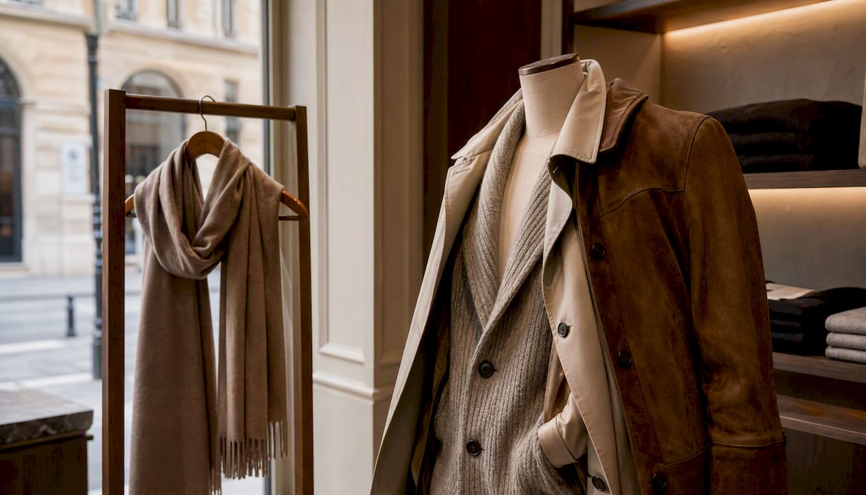Cashmere sweater, wool coat, and leather jacket textures