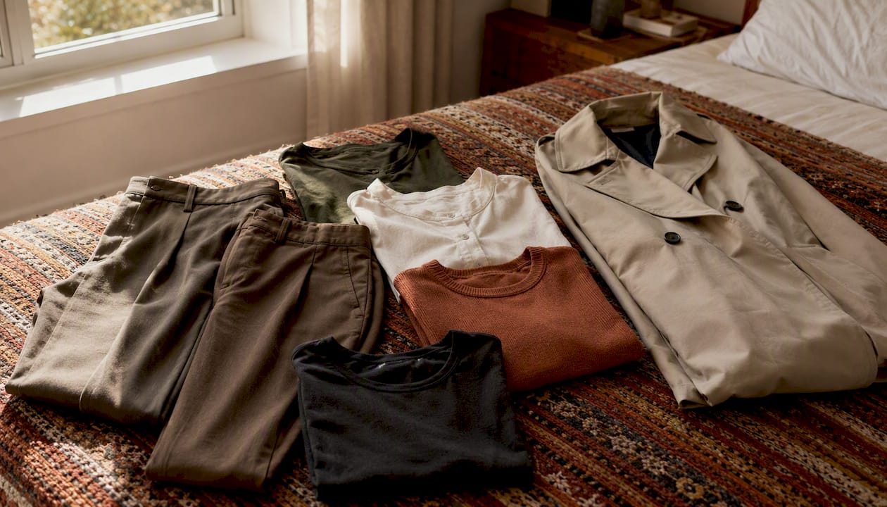 Capsule wardrobe pieces laid out on wood surface