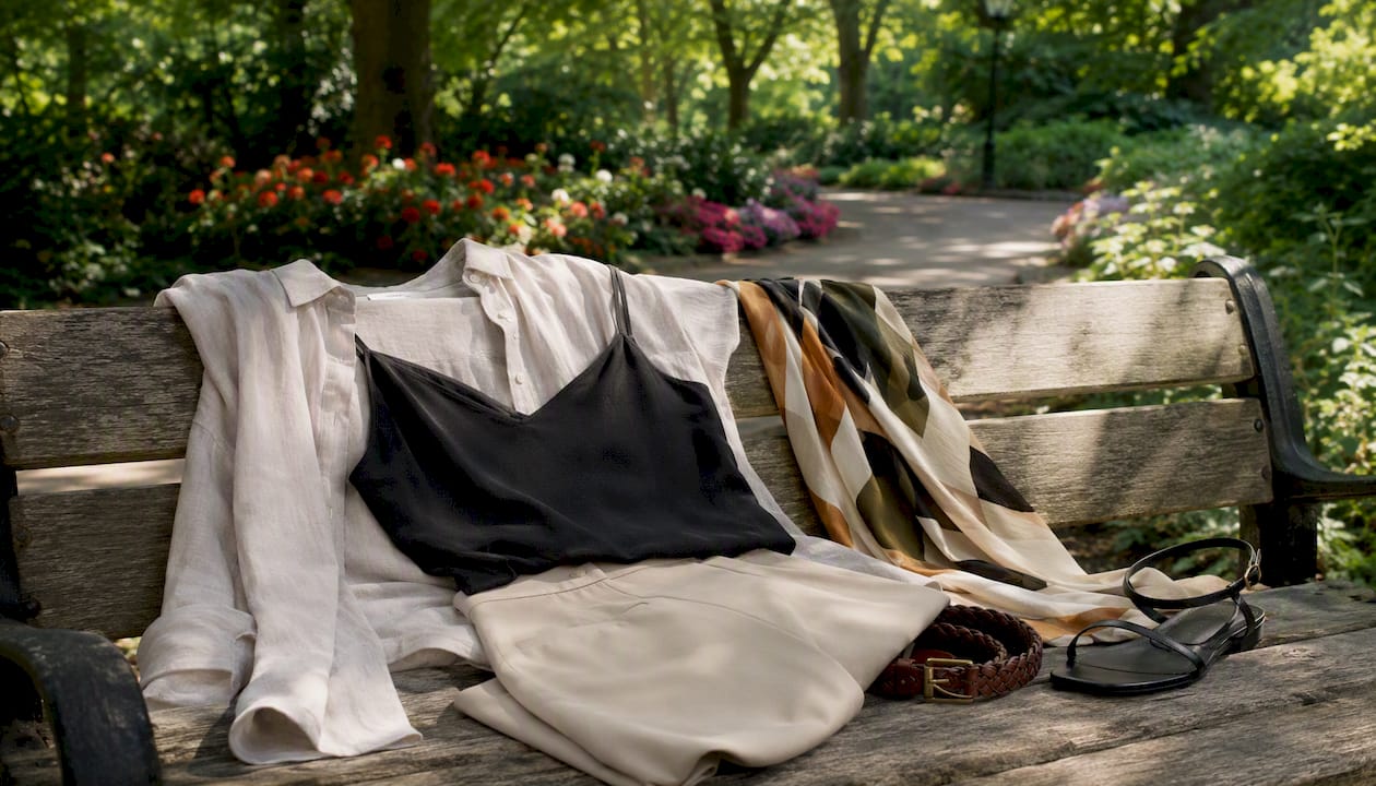 Layered travel outfit on a stone bench outdoors