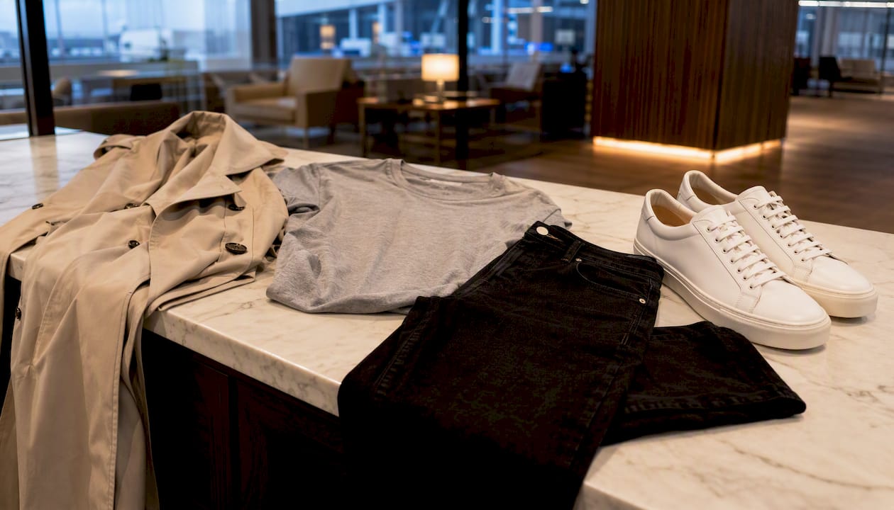 Travel day outfit with trench coat and sneakers