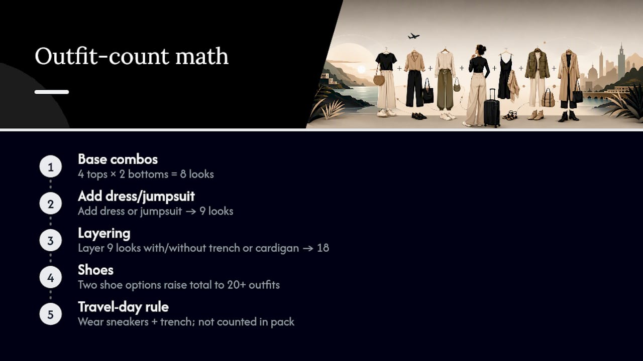 Diagram of outfit combination math for 12-piece travel capsule