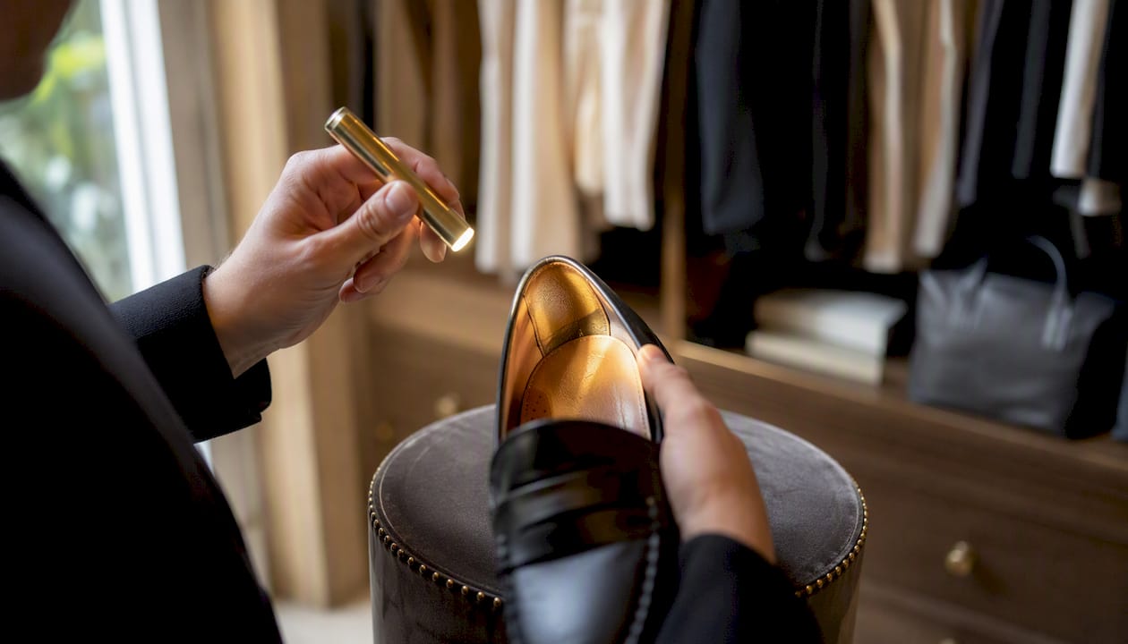 Hands inspecting shoe interior toe box and heel