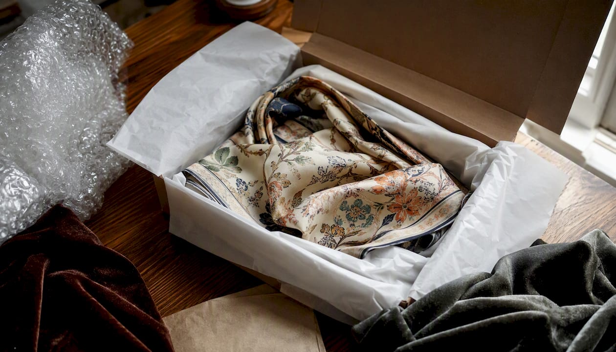 Luxury parcel with fabrics and packing materials