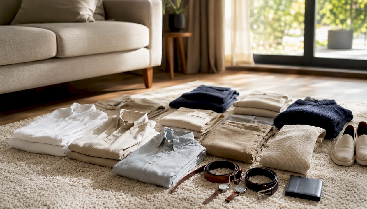 Capsule wardrobe basics laid out on table