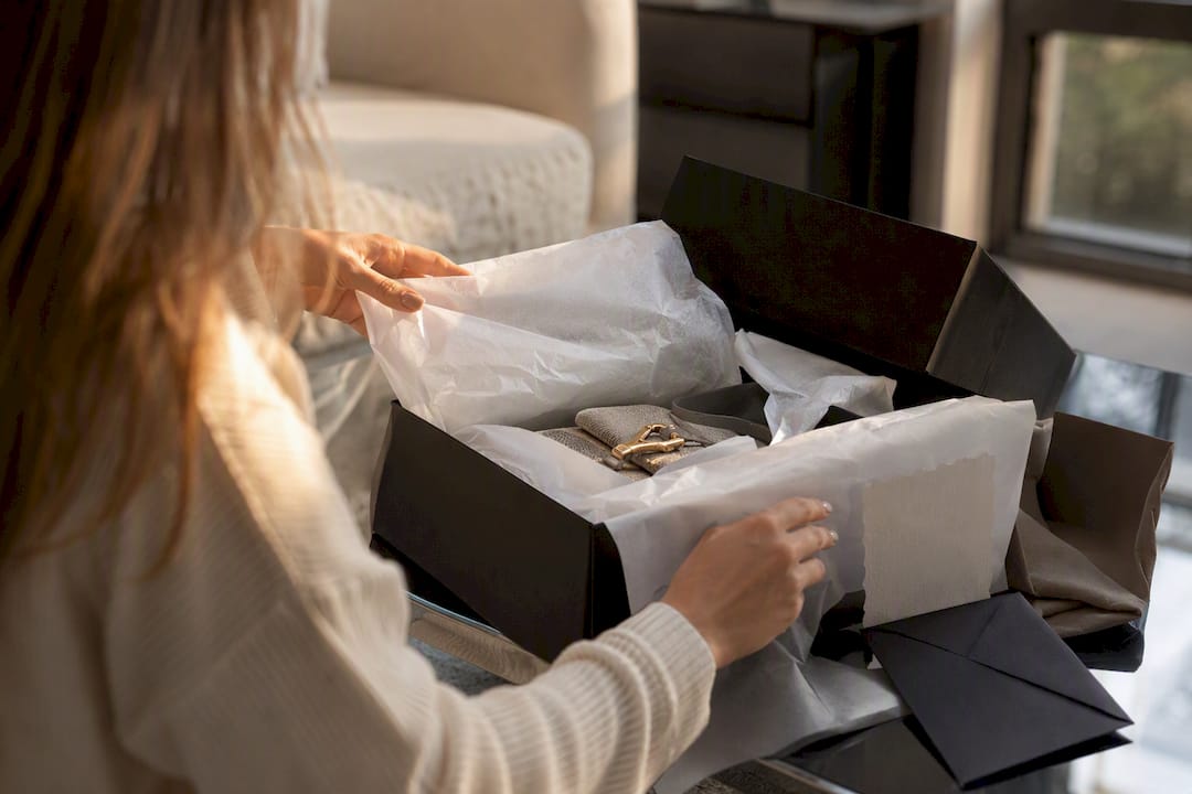 Hands unpacking luxury fashion parcel