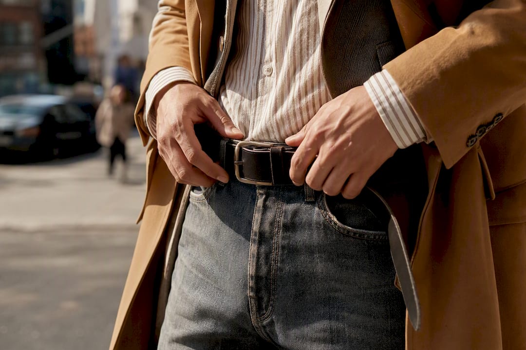 Person adjusting belt worn low on hips