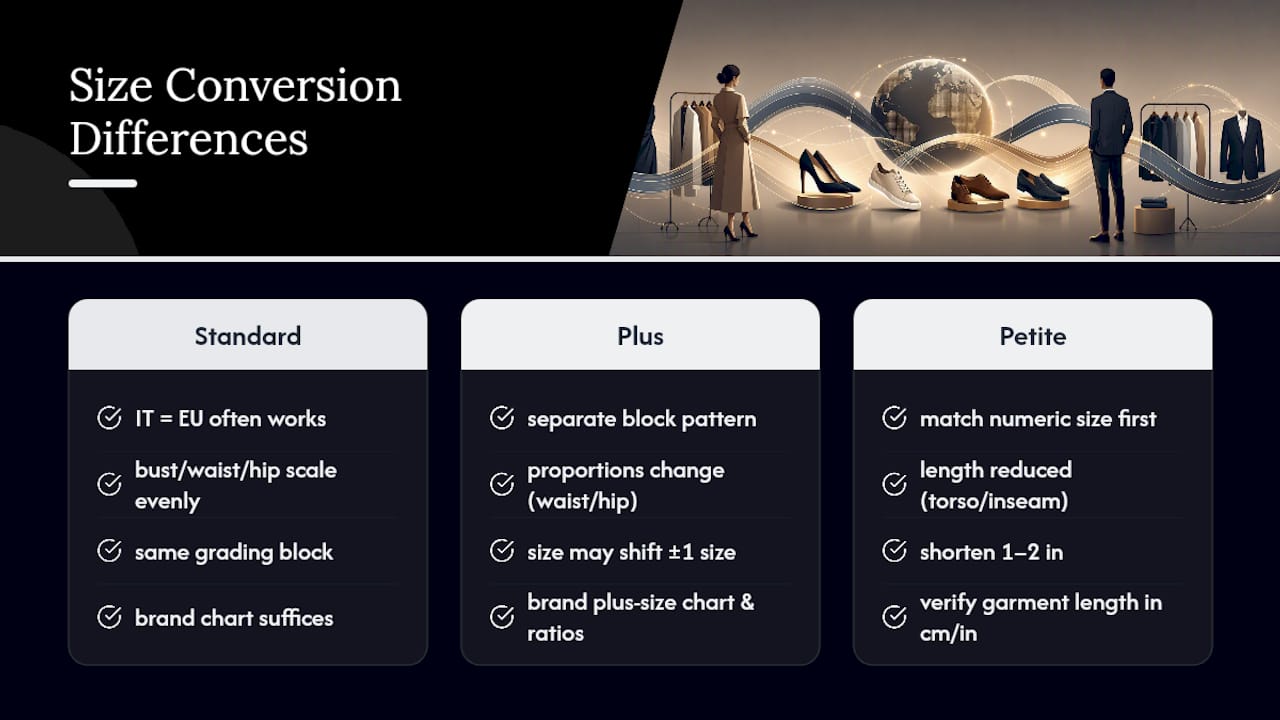 Diagram comparing plus, standard, and petite size conversions