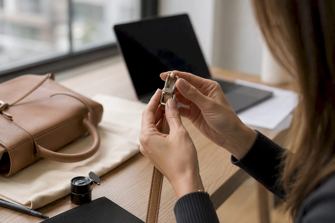Hands inspecting luxury handbag hardware