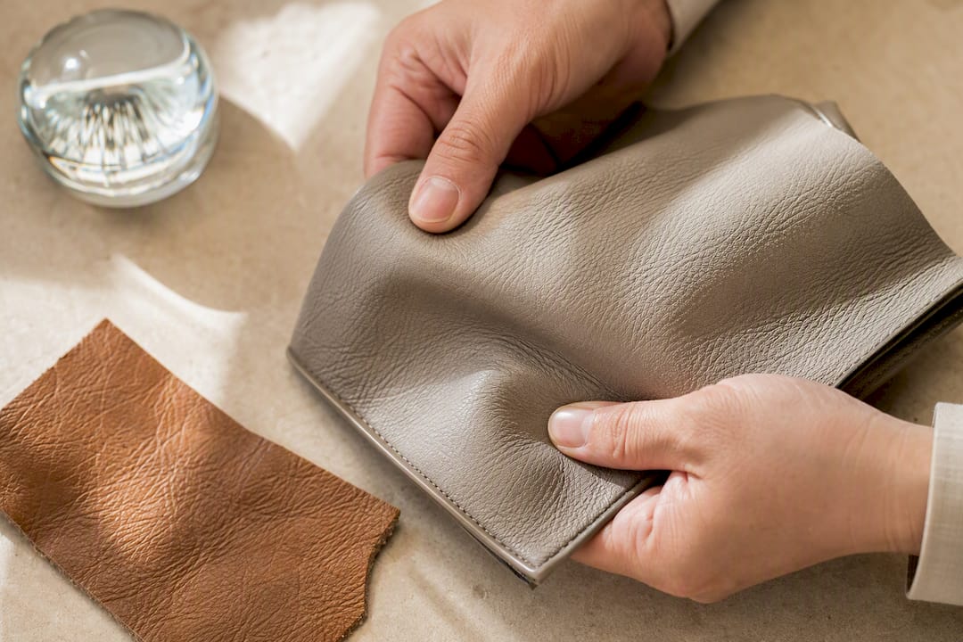 Hands testing soft leather texture