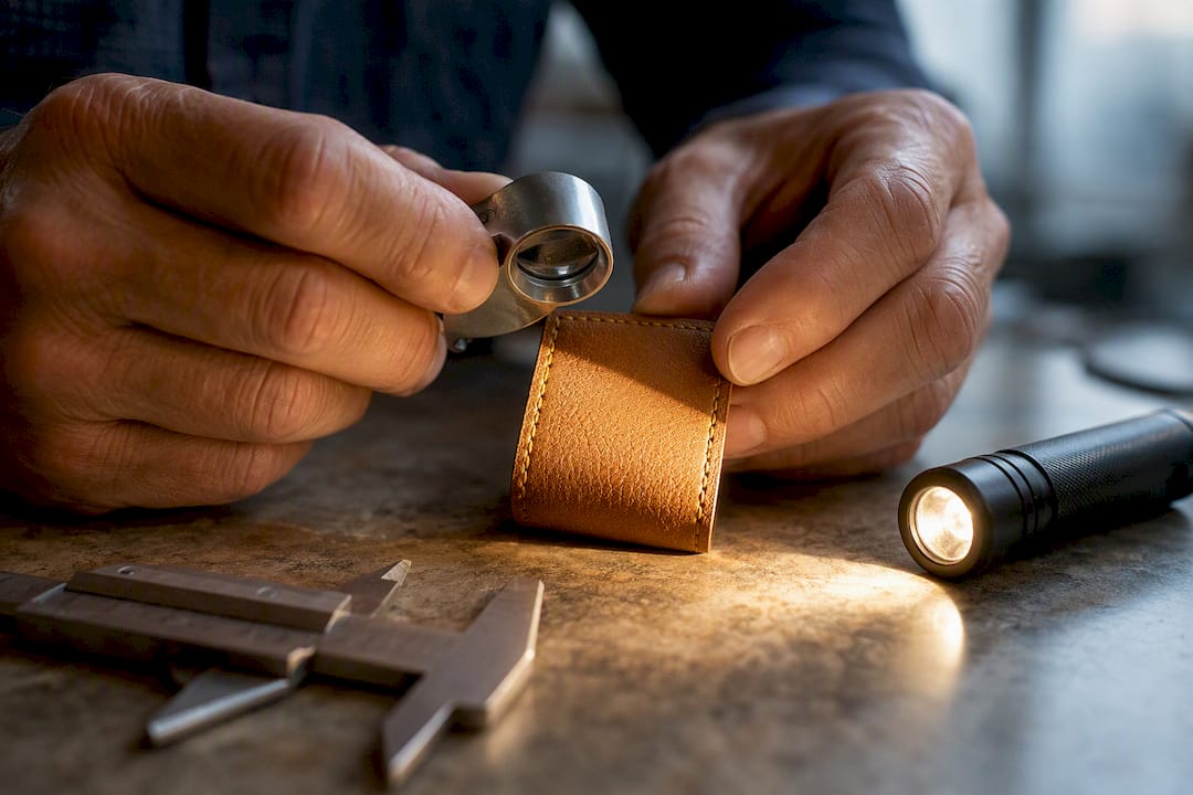 Loupe and flashlight inspecting leather embossing