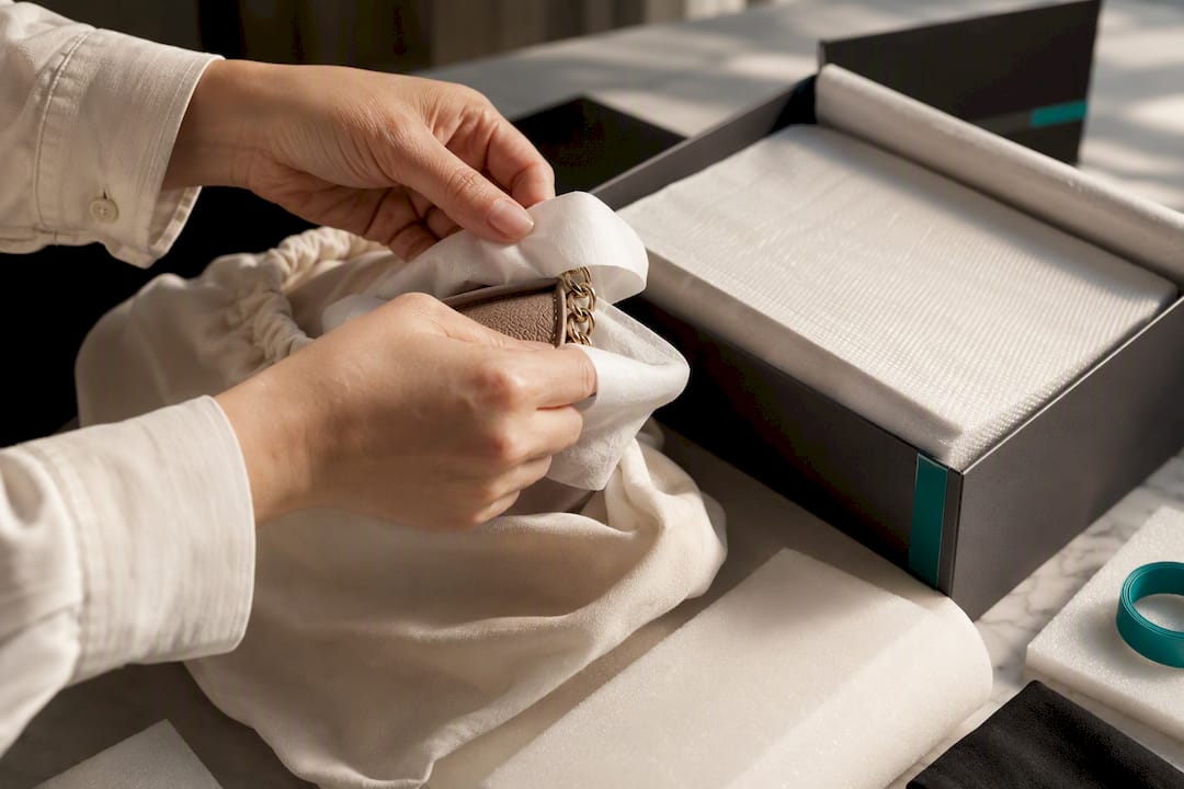 Hands protecting handbag hardware for shipment
