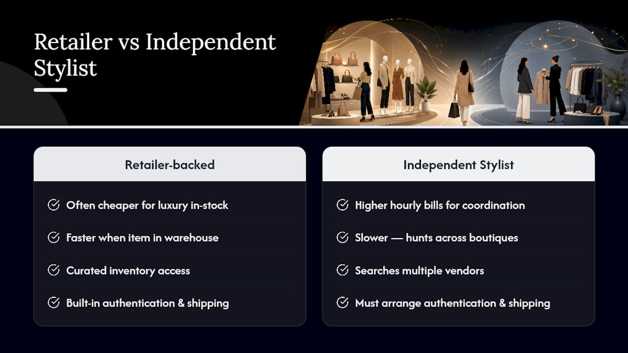 Retailer-backed shopping versus solo stylist comparison