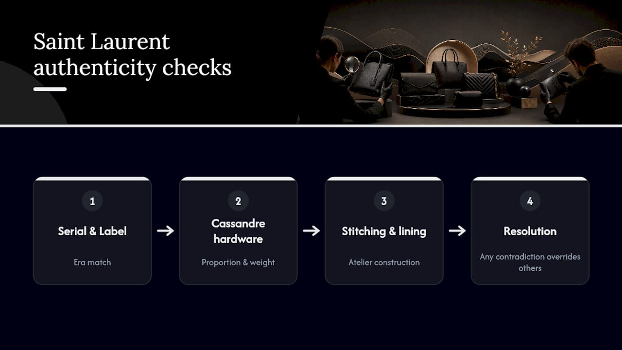 Three-part handbag authenticity checklist