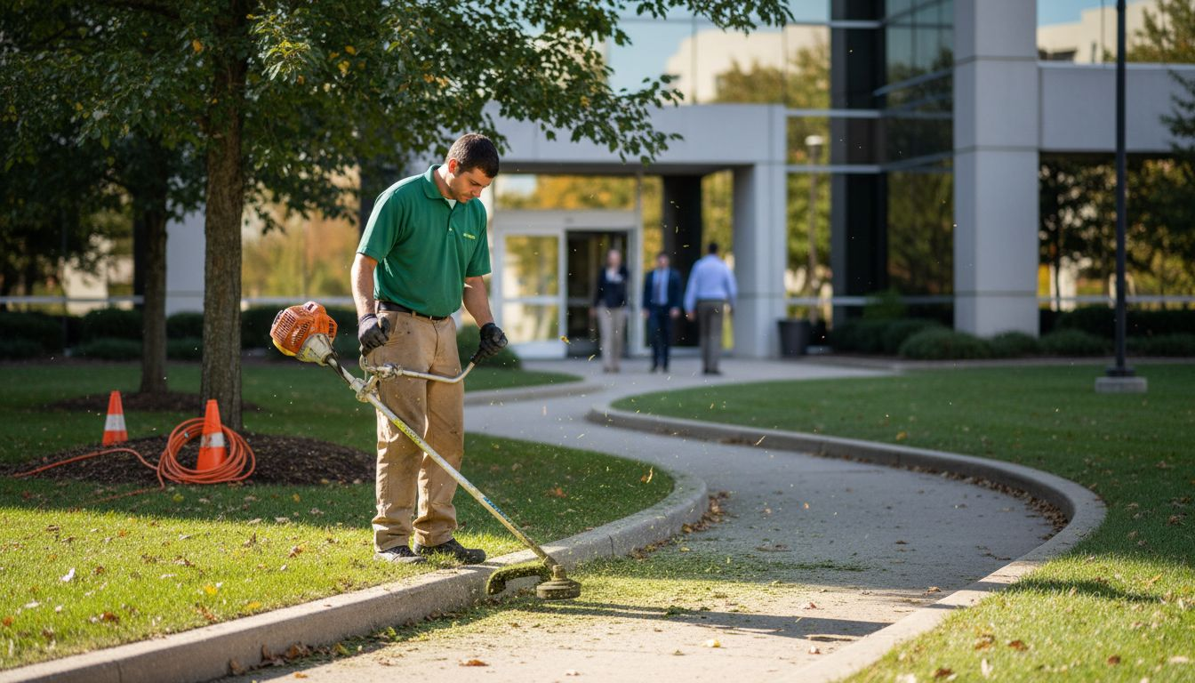 Groundskeeper maintaining office landscape walkway