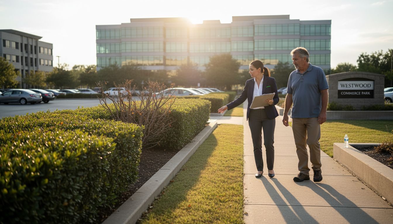 Property managers reviewing office park landscaping
