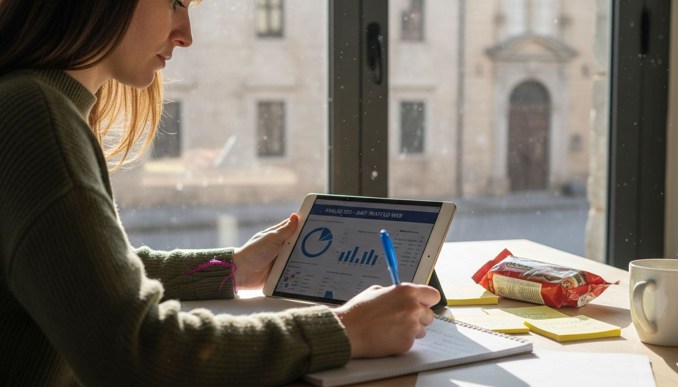 Professionista al lavoro in ufficio mentre analizza dati SEO