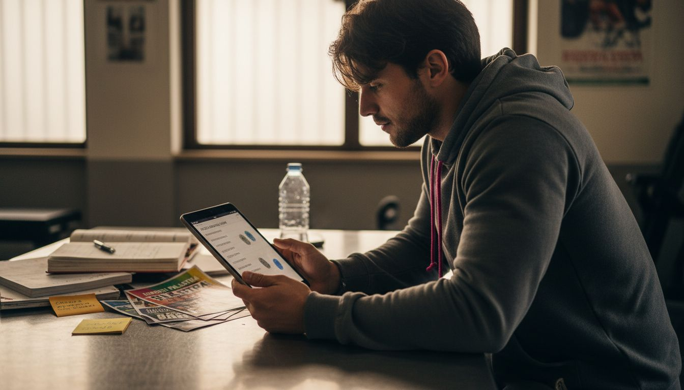 Il responsabile della palestra analizza le parole chiave sul suo tablet per migliorare la visibilità online del centro.