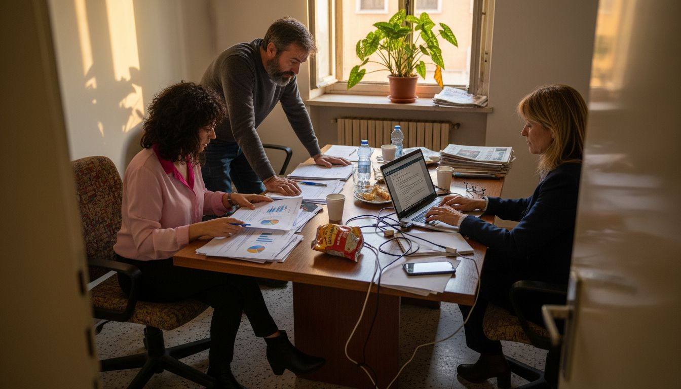 Il team si confronta sulla strategia digitale in una piccola sala riunioni.
