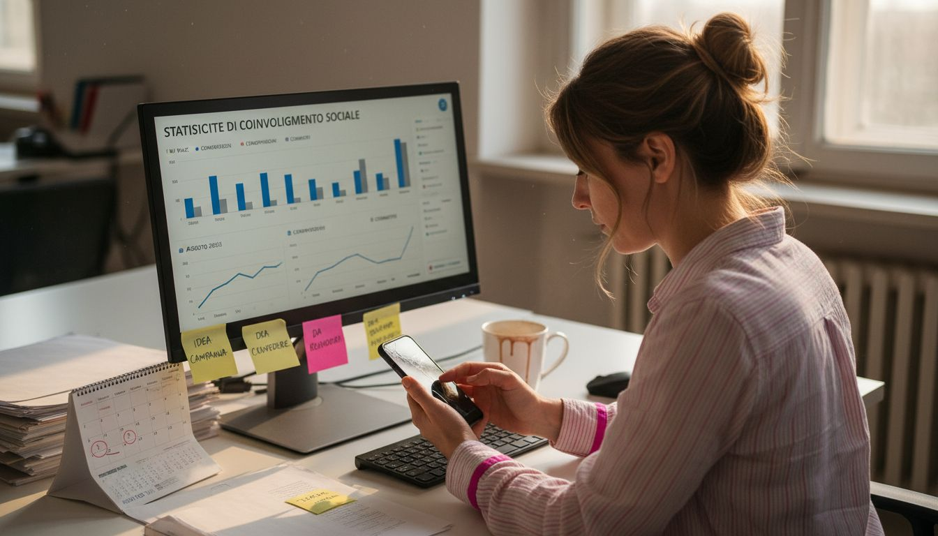 Donna al lavoro che analizza i dati delle sue performance sui social media davanti al computer.