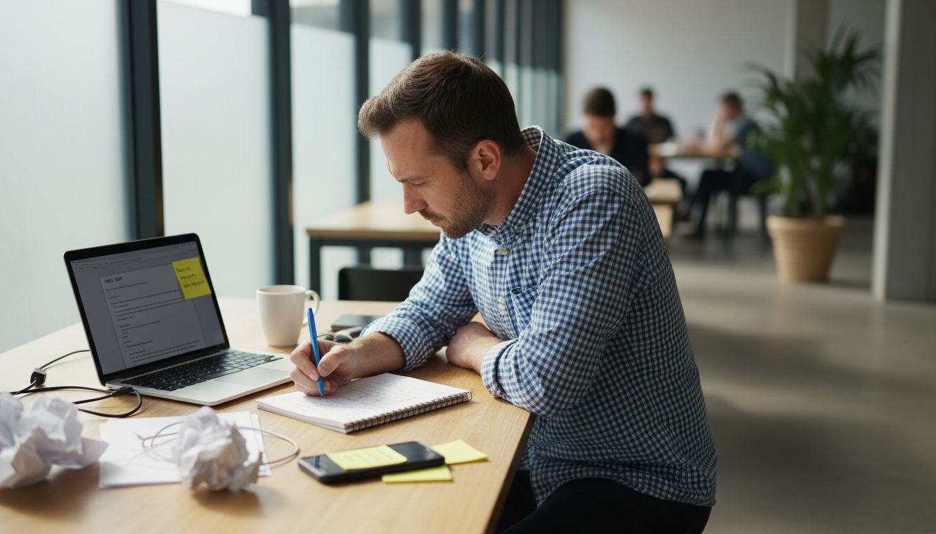 Man drafting engaging email copy by hand