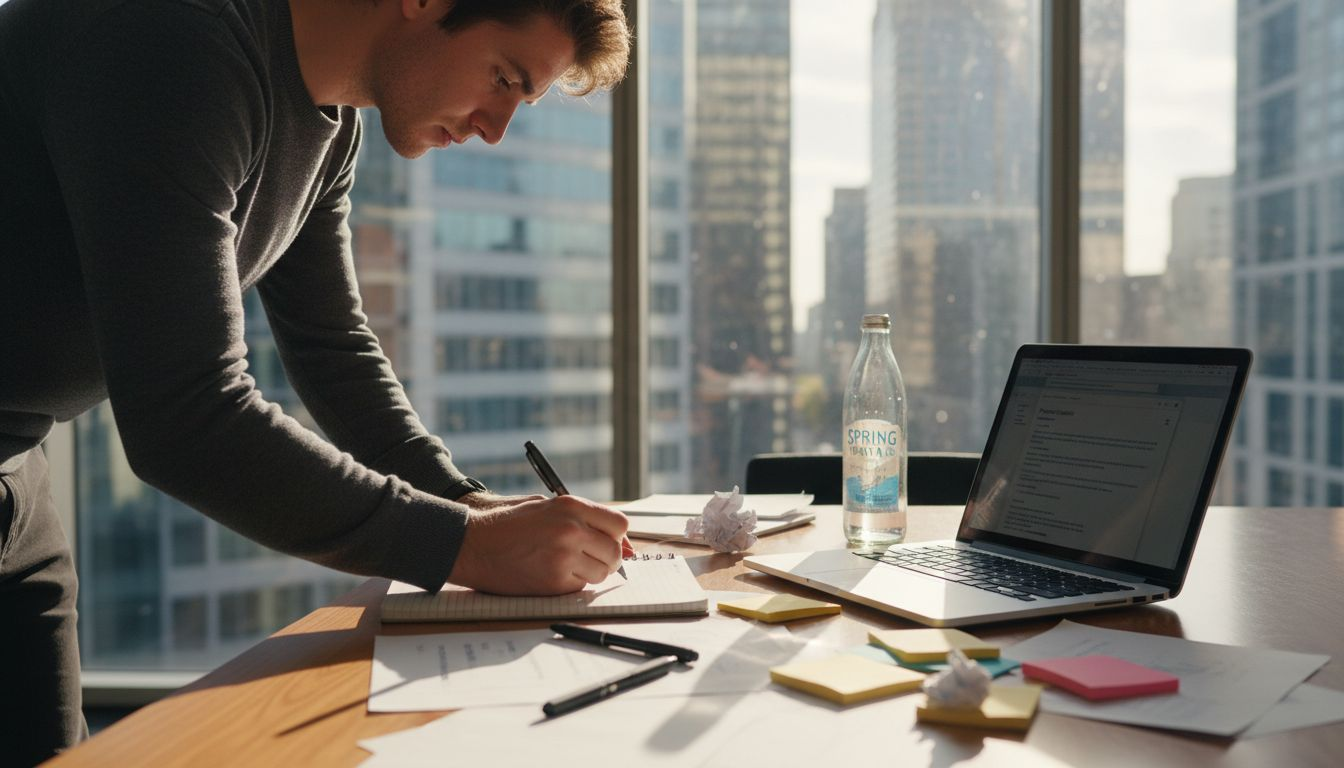 Person brainstorming email subject lines at desk