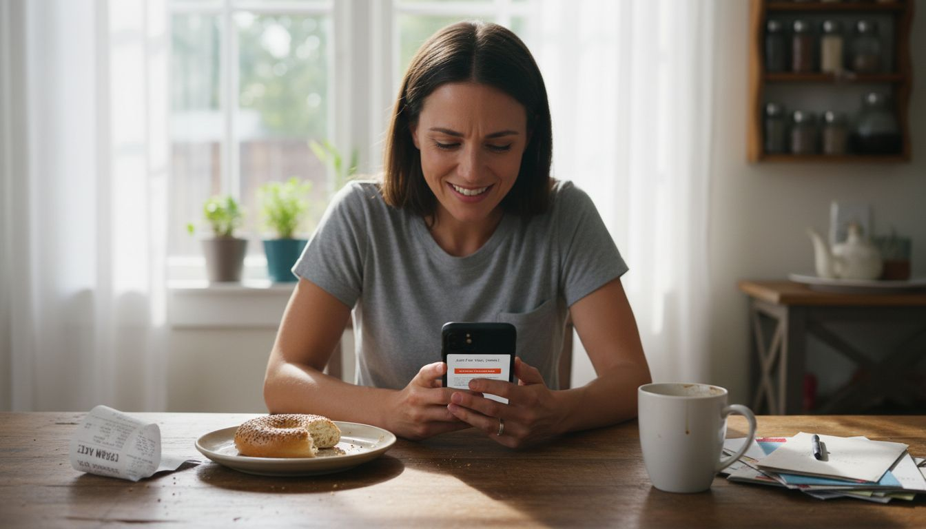 Woman reads personalized email at kitchen table