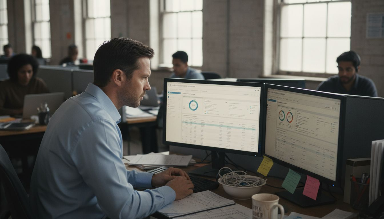 Manager checks email automation dashboard in office
