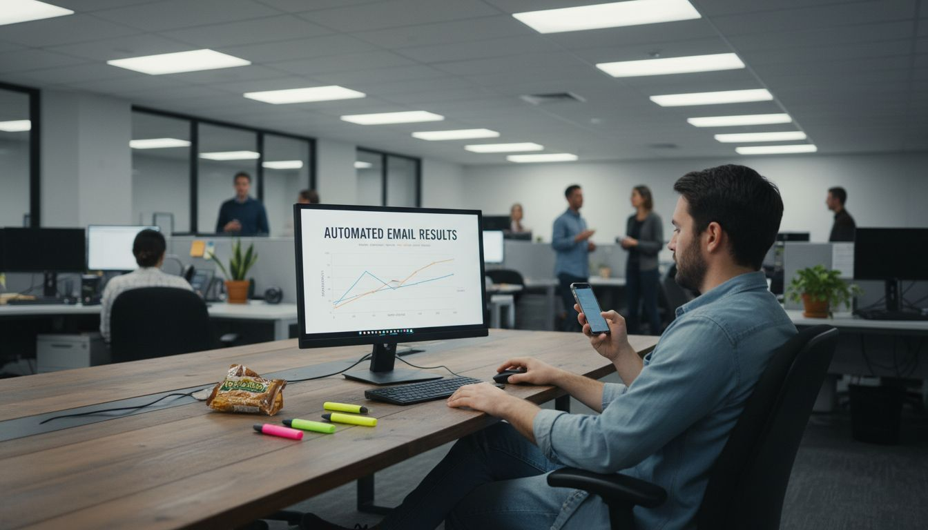 Marketer reviewing automated email campaign results