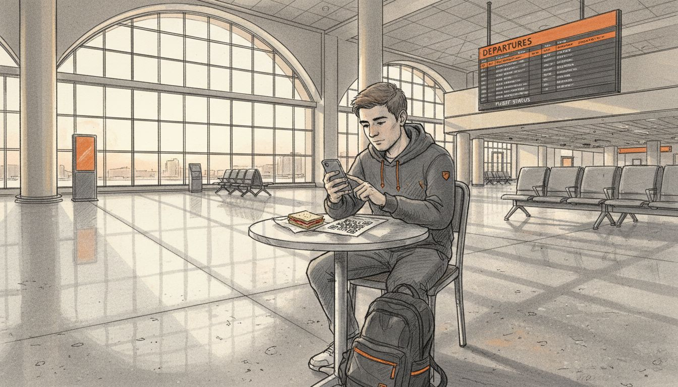 Traveler activating eSIM via QR code in airport