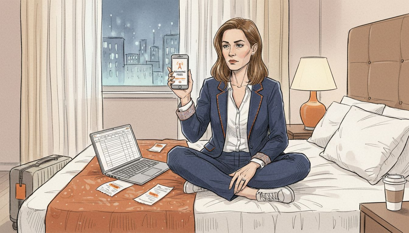 Female traveler reviewing travel expenses in hotel