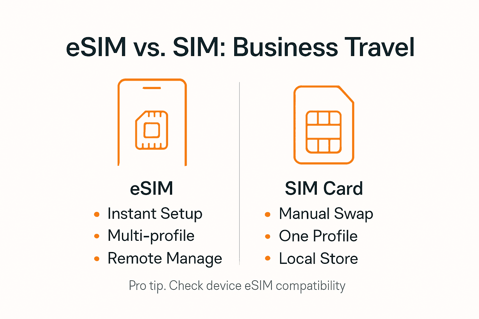 Infographic comparing eSIM and SIM features for travelers