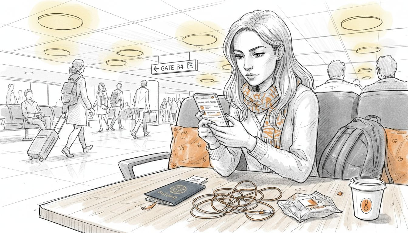 Woman reviewing eSIM plans in airport lounge