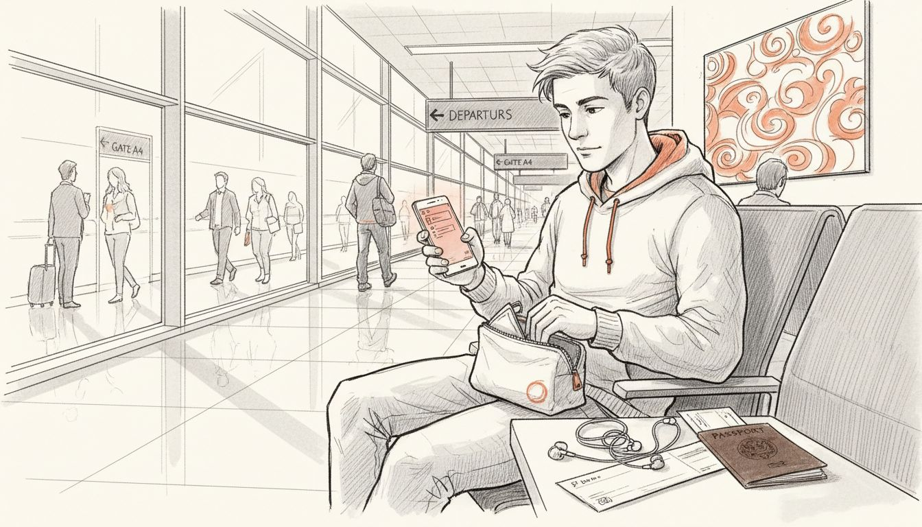 Traveler activating eSIM at airport window