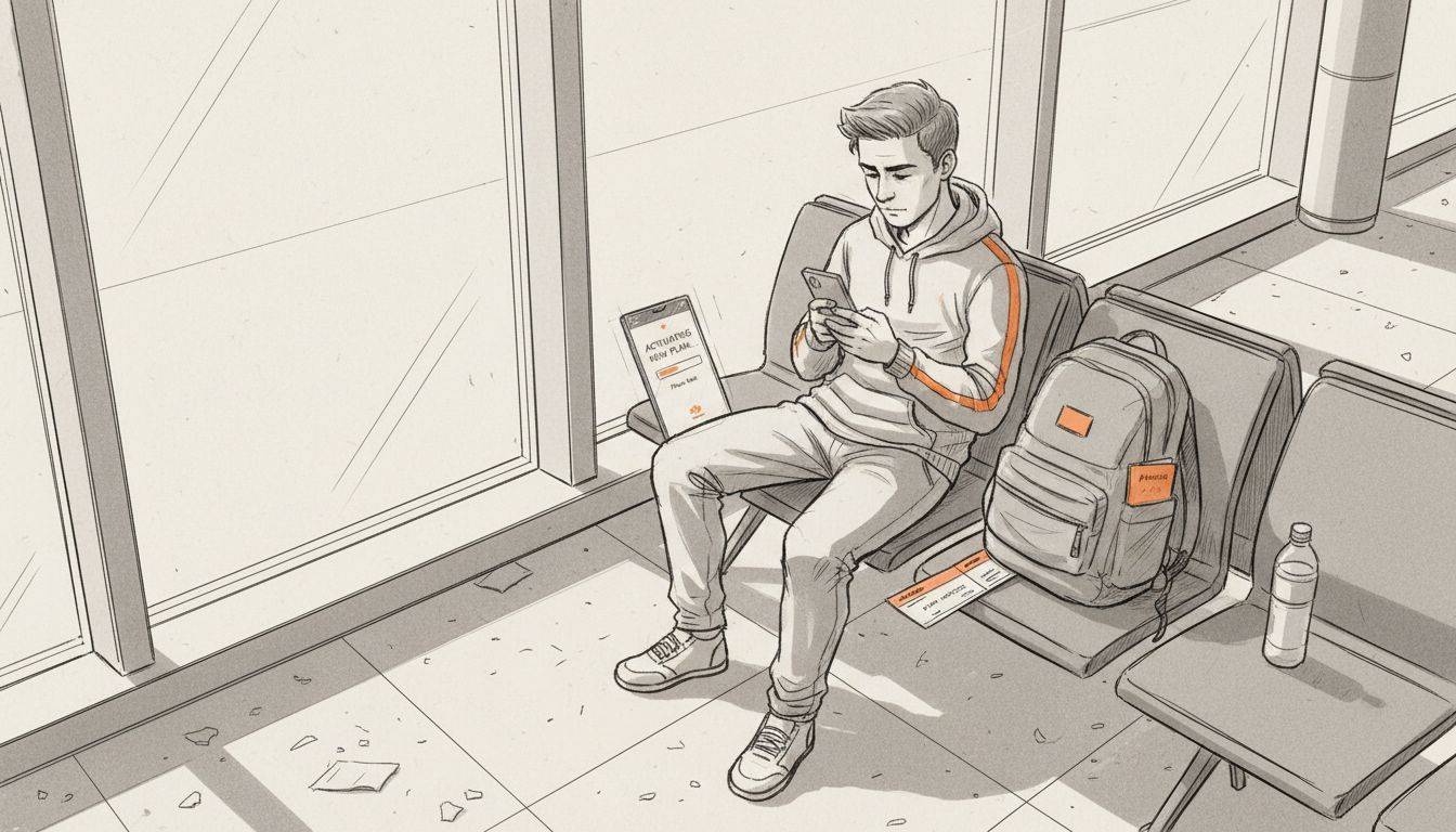 Traveler setting up eSIM phone in airport