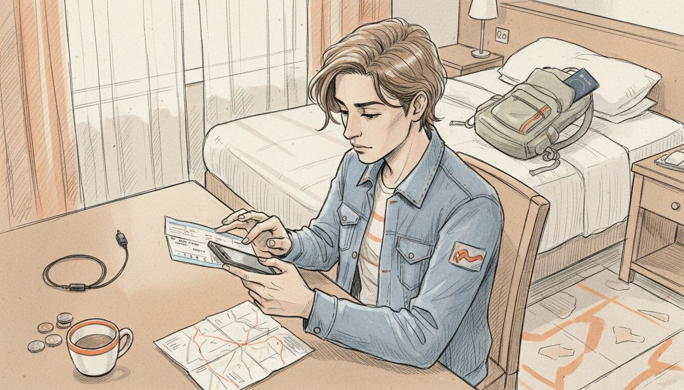 Traveler managing eSIM setup in hotel room