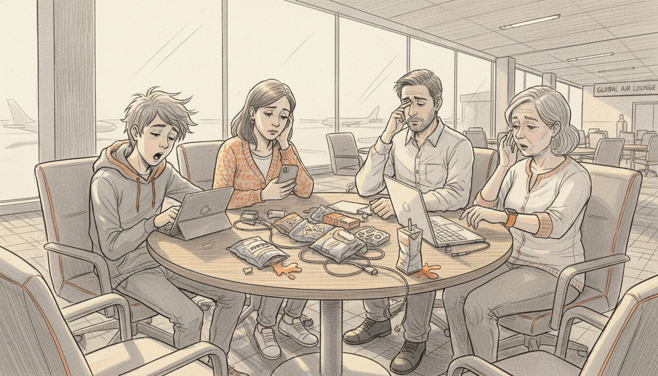 Family using eSIM devices in airport